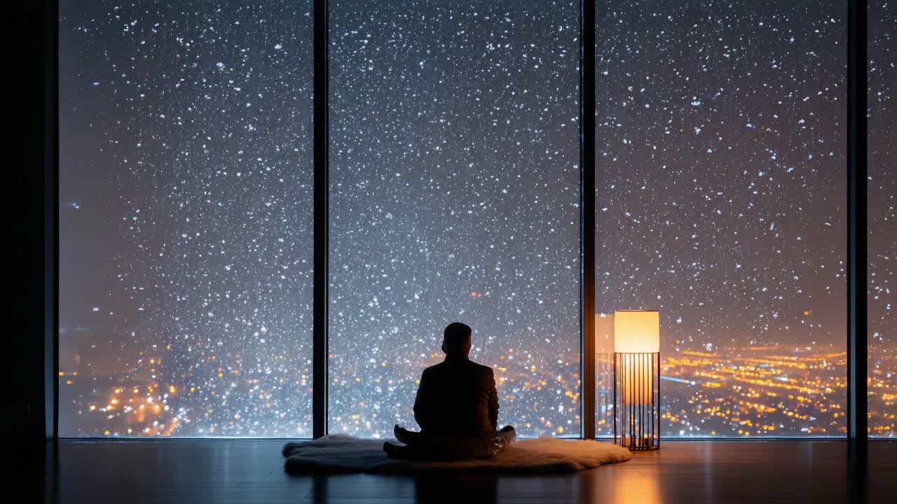 A serene night scene depicting a solitary figure meditating indoors while snow falls outside, creating a tranquil atmosphere framed by expansive city lights and a cozy lamp
