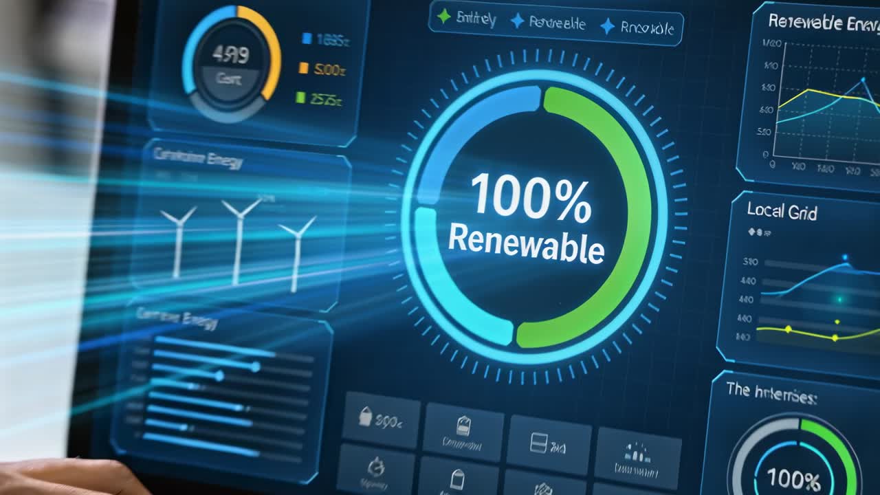 Typing analyst in light shirt cuffs monitoring 100% Renewable dashboard at desk, camera zooming