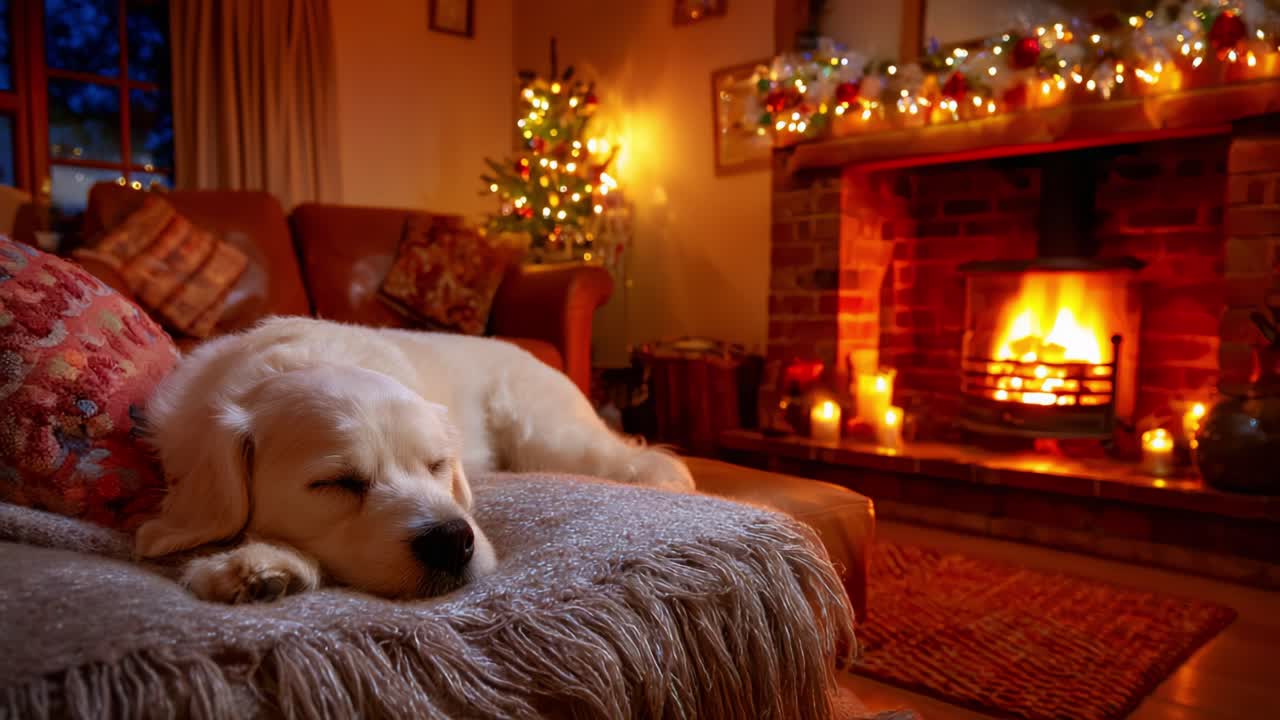 Cozy Golden Retriever Relaxing by a Festively Decorated Fireplace in a Warm Living Room, Surrounded by Christmas Lights and a Beautifully Adorned Tree, Creating a Comforting and Serene Atmosphere