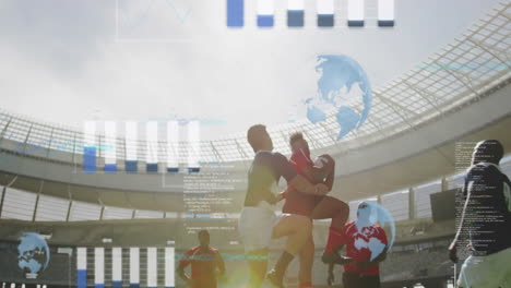 rugby players in stadium with data processing animation over global connections
