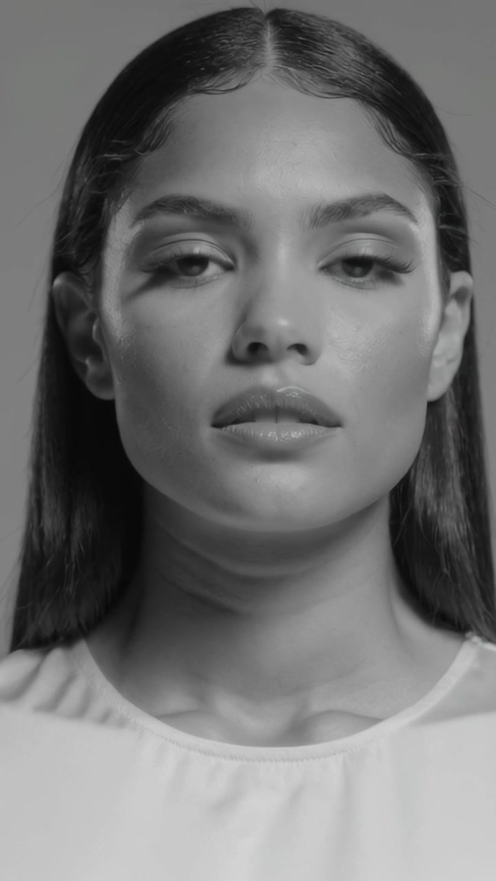 Vertical video: Recording starting, woman doing face shifts in set for camera, grey wall, light top