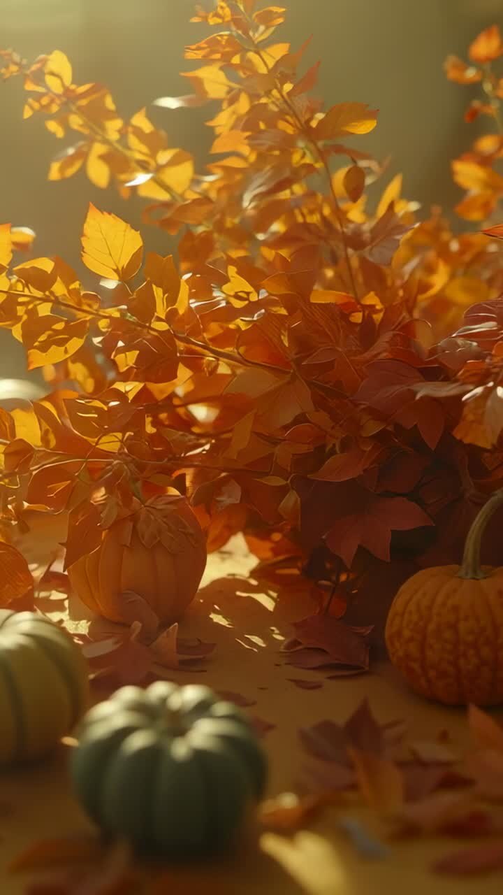 Vertical video: Shifting focus on autumn display guiding gaze by window, with pumpkins red foliage