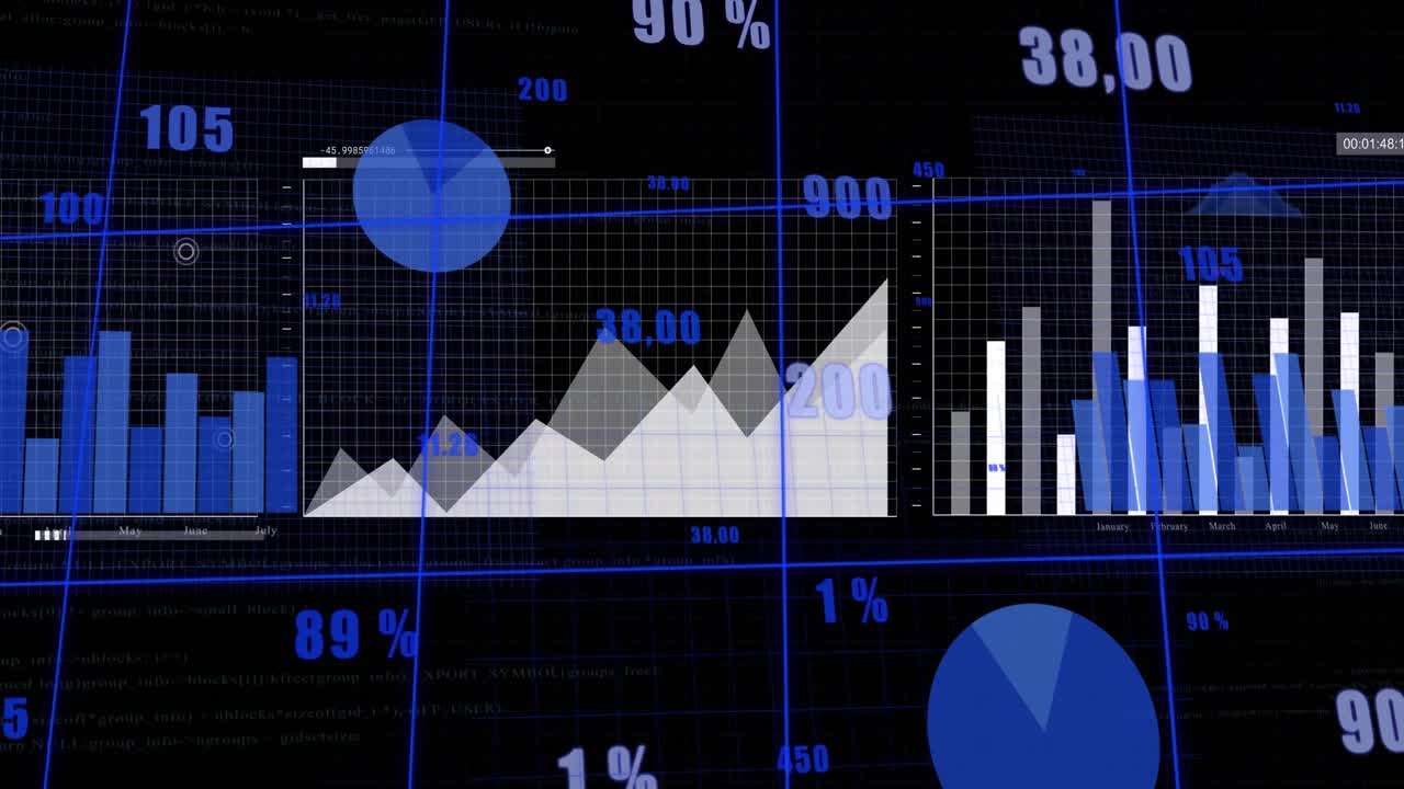 animación del procesamiento de datos estadísticos a través de la red de cuadrícula sobre fondo negro