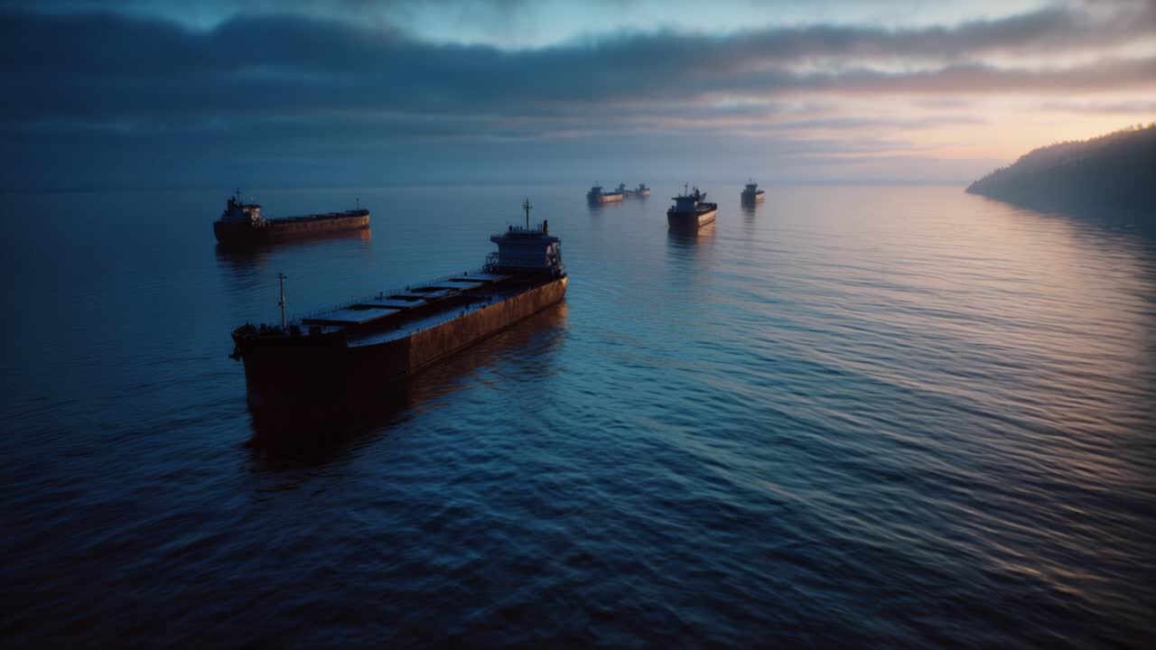 Aerial view of cargo ships sailing at dawn. Serene waters reflect soft sunrise glow. Vessels move calmly through misty horizon. Perfect for logistics, maritime, or travel-themed projects
