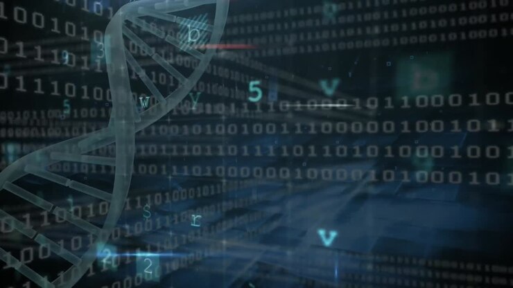 Animation of cyber attack warning over data processing and dna strand on black background