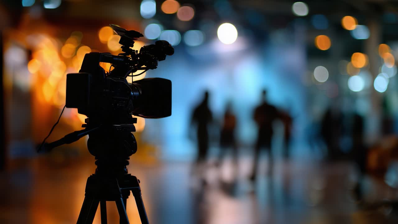 Una cinepresa su un treppiede cattura momenti in un luogo affollato pieno di sfere di luce e ombre, visualizzando l'arte della videografia e le tecniche di produzione