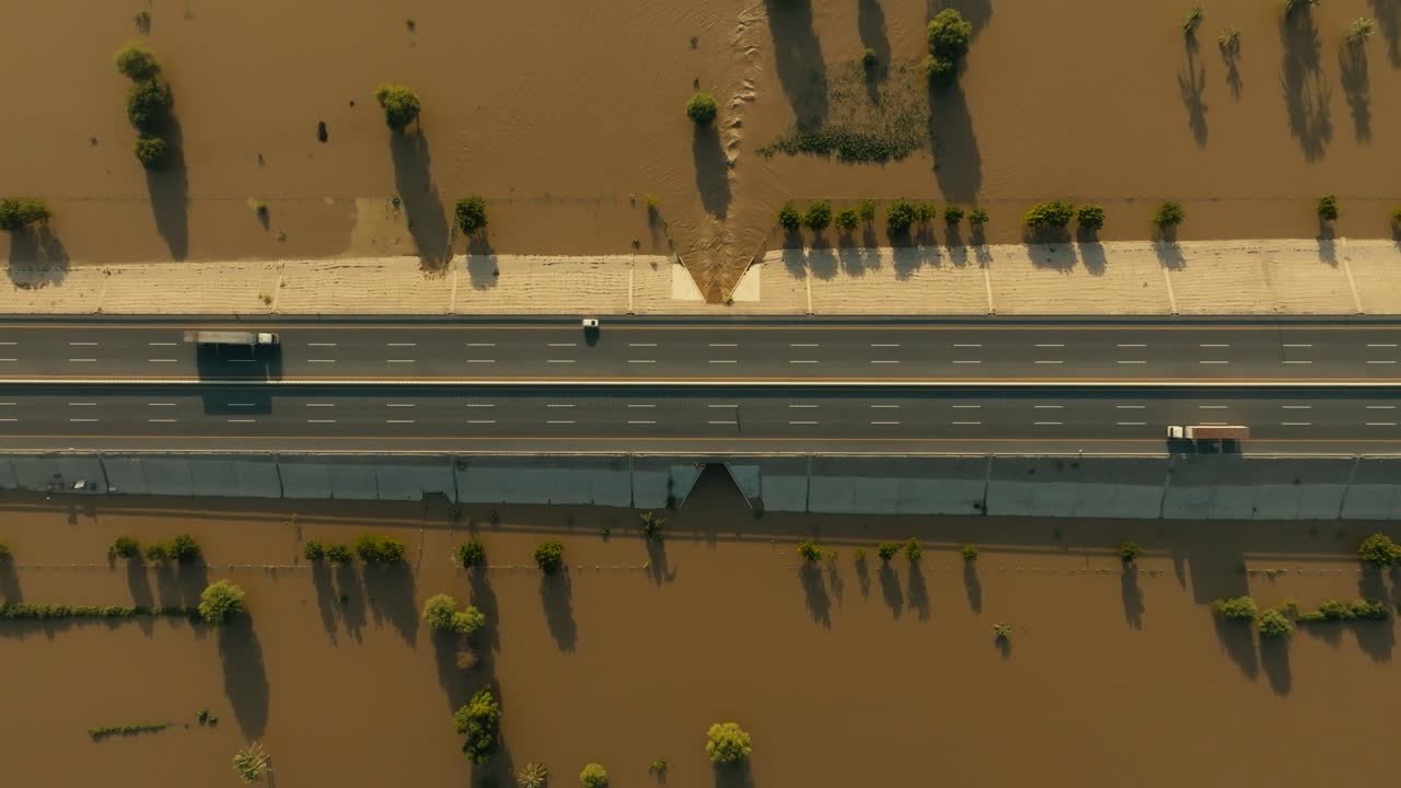 aerial top view of highway over surrounding floods in Jalalpur Pirwala Punjab Pakistan