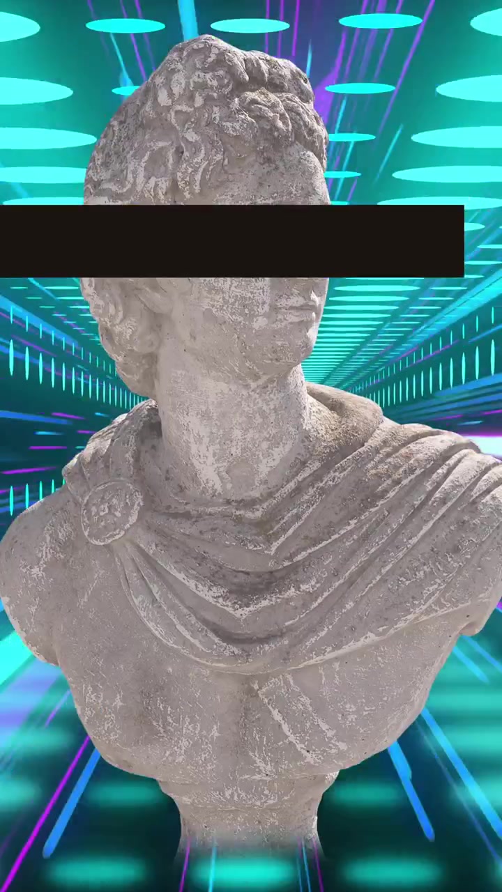 Animation of antique sculpture over green and blue neon light trails