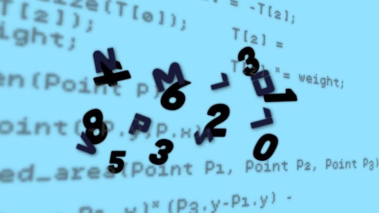 Animation of floating numbers and letters over scientific data processing on blue background