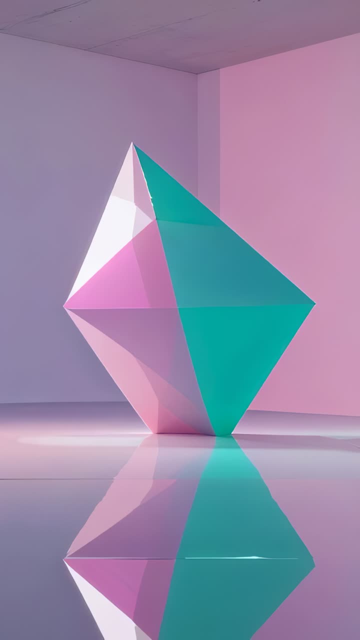 Vertical video: At start polyhedron rotating clockwise in gallery corner, revealing pastel faces