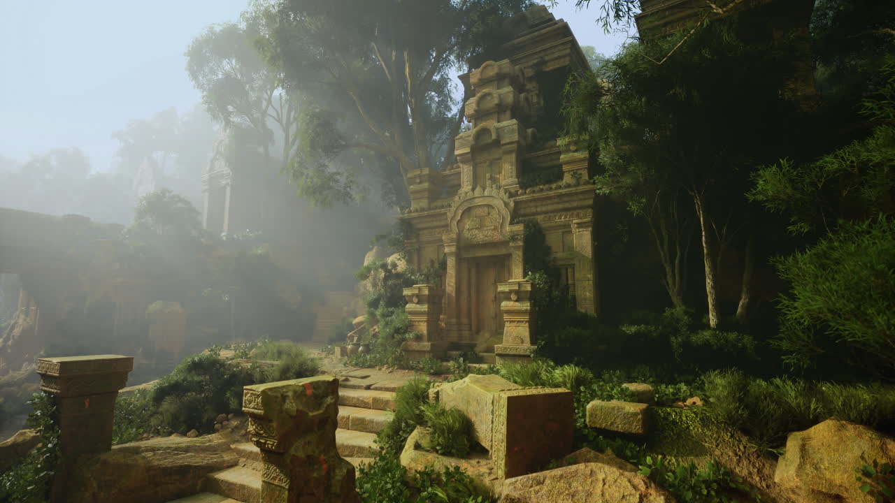 Ancient temple ruins surrounded by lush forest in misty morning light