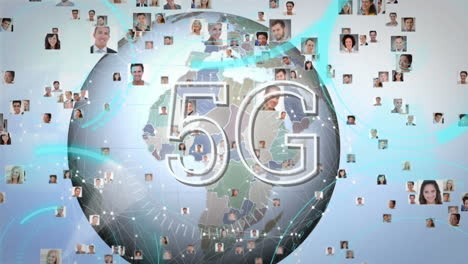 animation of 5g text with globe and photos network of connections