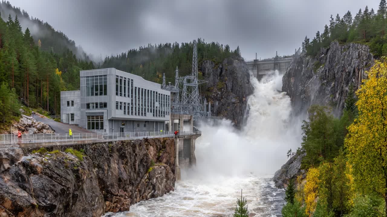A Majestic Hydroelectric Power Station Amidst Dramatic Waterfalls and Lush Forested Landscape - A Stunning Visual of Nature and Engineering Combined