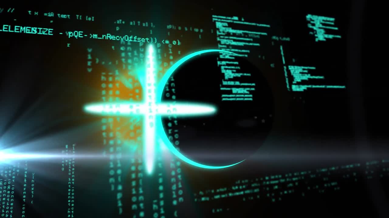 Animation of light trails over data processing on black background