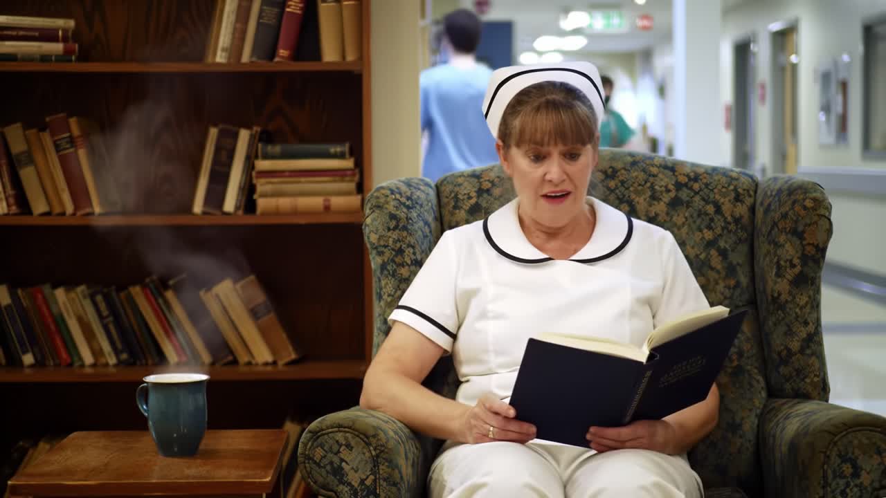 A nursing professional deeply engaged in reading a book, surrounded by a library setting, evokes a sense of calm and dedication in a healthcare environment