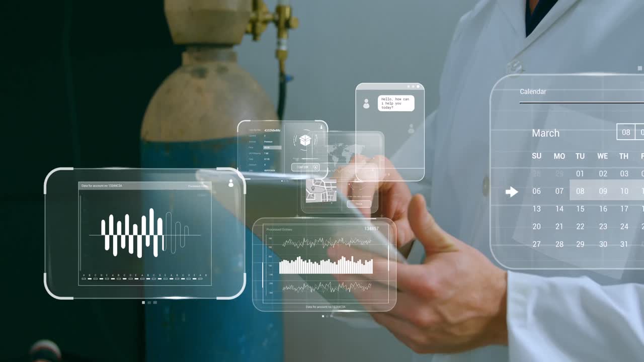 animación de procesamiento de datos en la pantalla sobre científico caucásico con tableta