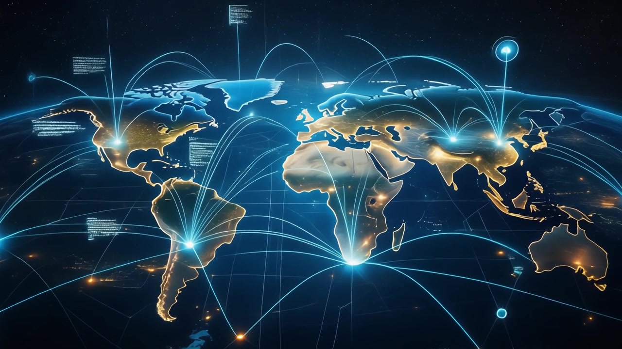 Digital Global Network Connections Spreading Across Earth Map