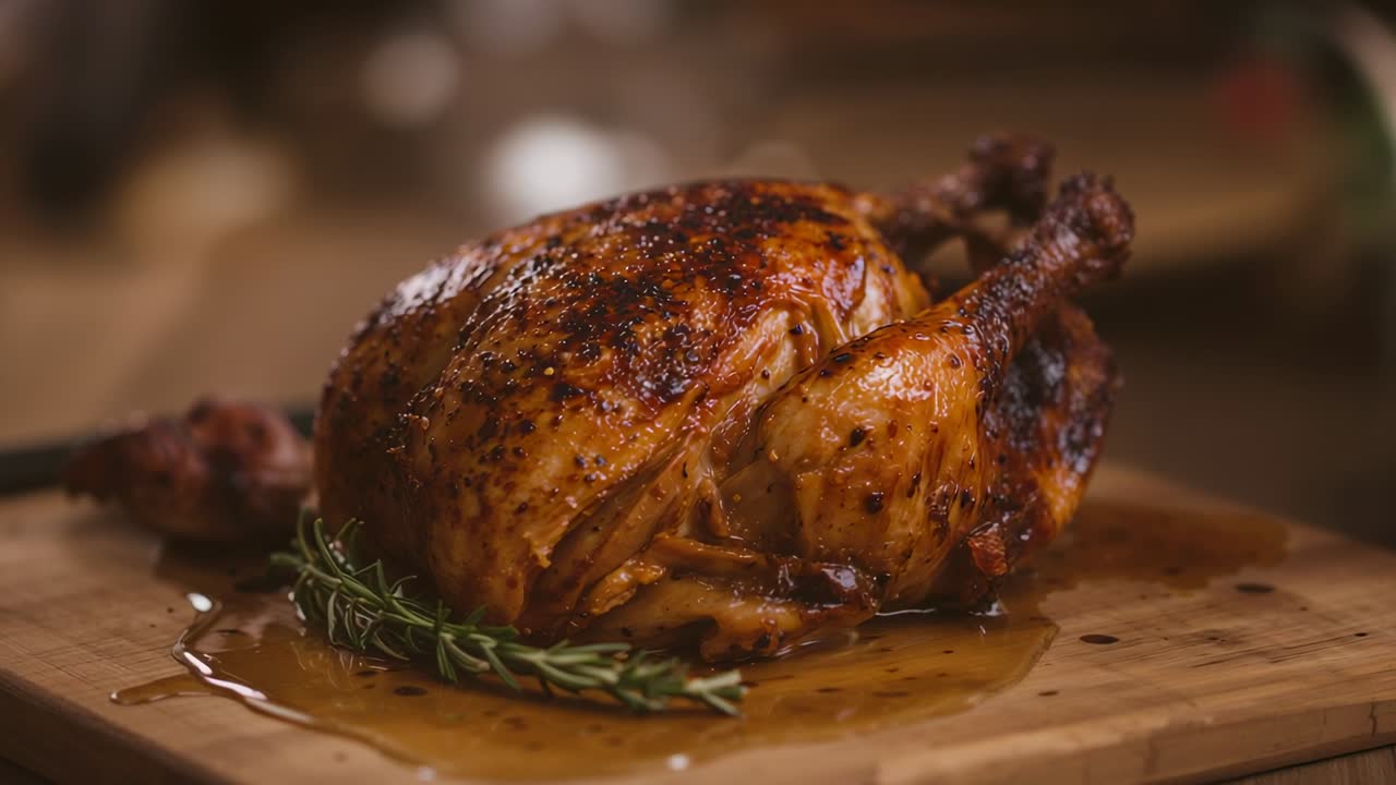 La telecamera zoomma rivelando un pollo intero arrosto su un tagliere, mostrando la pelle, il rosmarino, lo spiedo e i succhi.