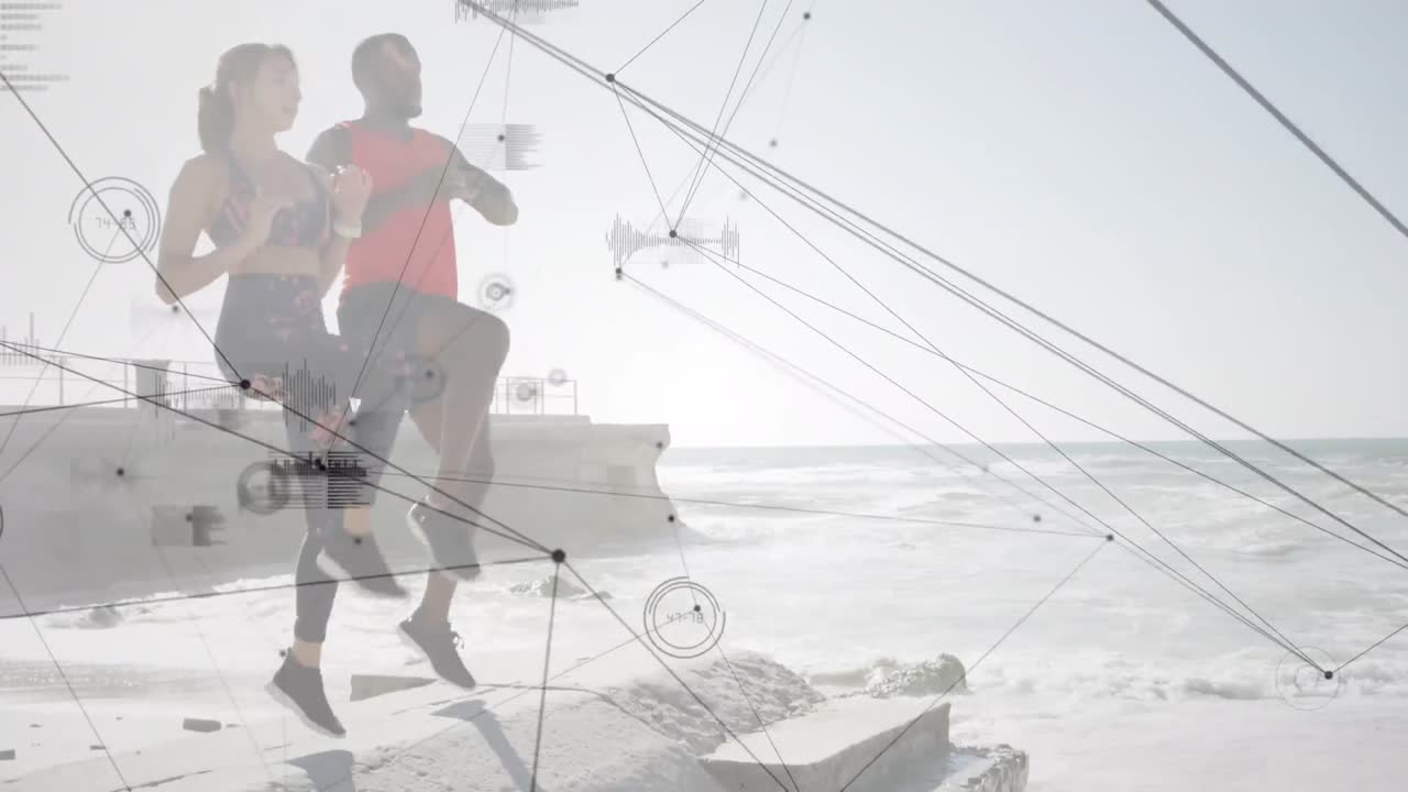 야외에서 달리는 커플을 통한 연결 네트워크의 애니메이션