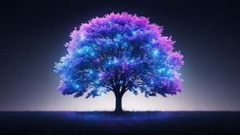 a stunning glow of colors: an enchanted tree bursting with vibrant lights illuminating the night sky, surrounded by a calm and mystical atmosphere