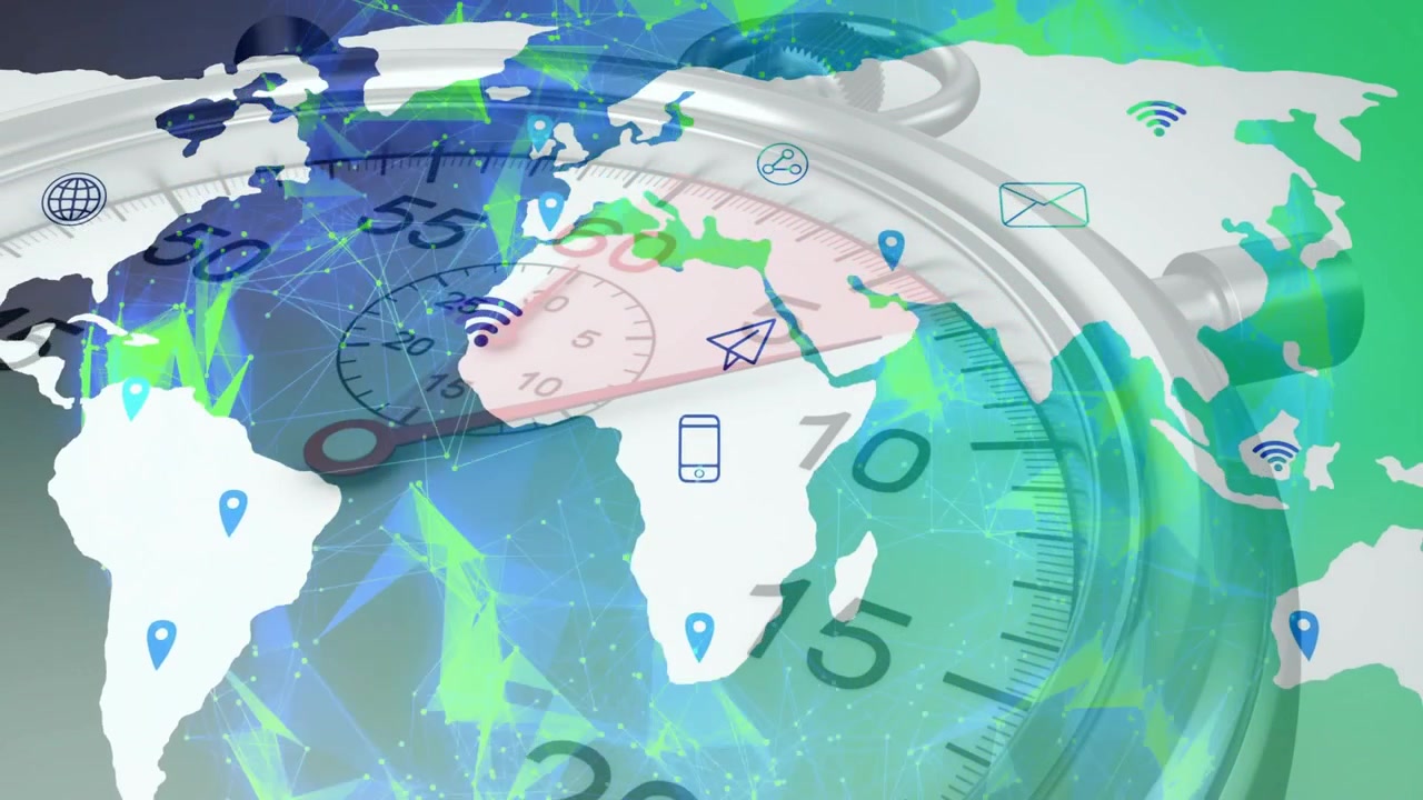 Quadrante di cronometro che ruota, con icone di telefono e mail che appaiono e svaniscono, dimostrando la connettività globale.