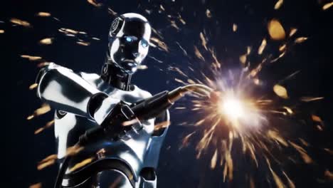 a futuristic robot using a welding torch to create sparks: the intersection of technology and craftsmanship illuminated by powerful energy