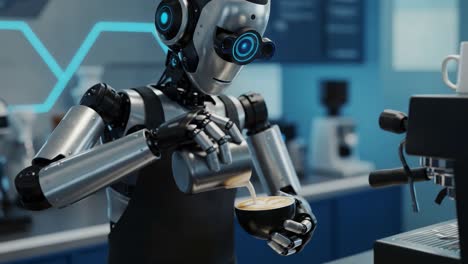 a robotic barista perfectly crafting a delicious latte in a modern cafe environment, showcasing advanced automation and precision in coffee making