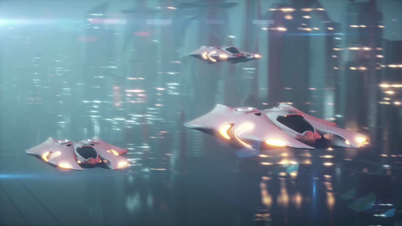 날아다니는 차량이 있는 미래의 도시 풍경