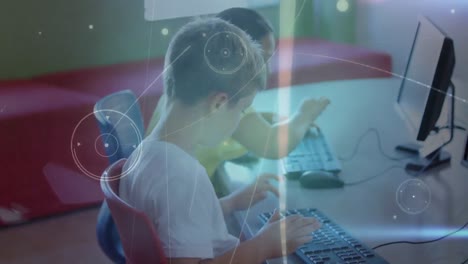 animation of network of connections over schoolchildren using computers