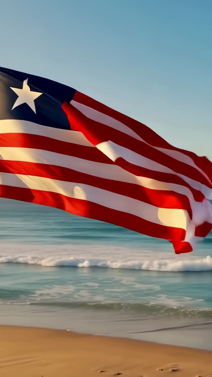 Vertical video: Flapping in onshore breeze star flag and wood pole at beach with surf footprints