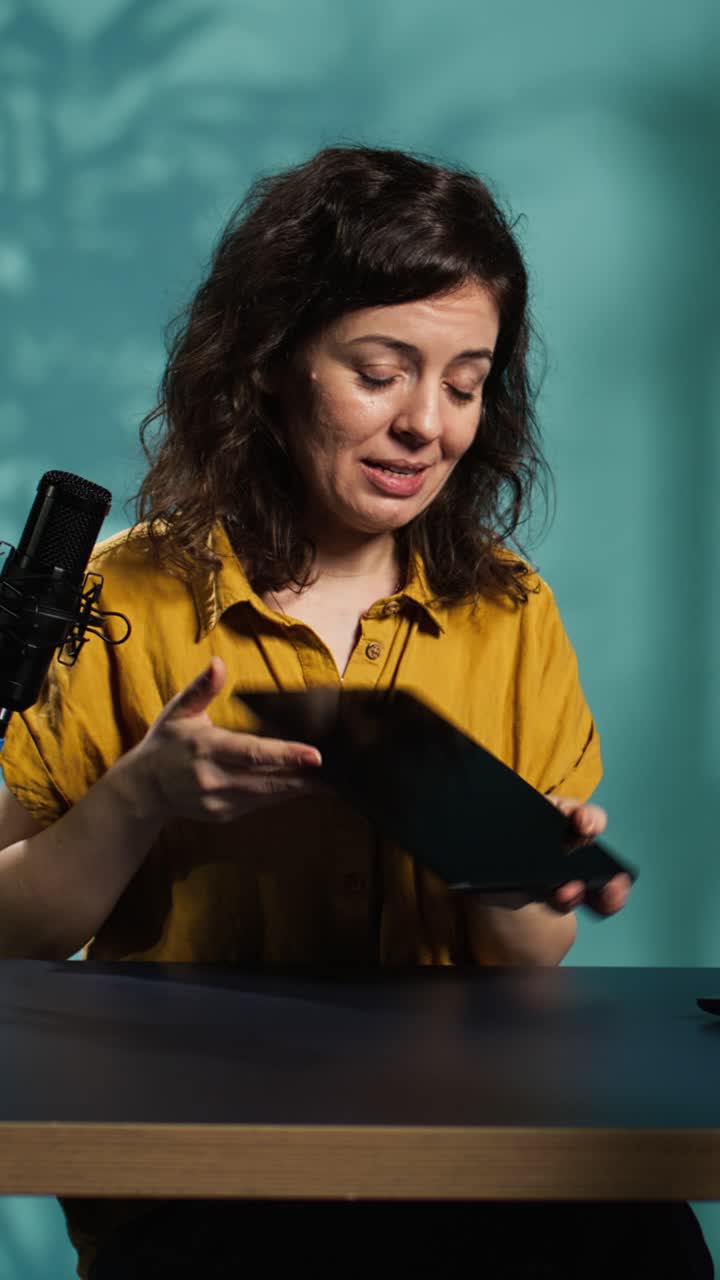 Donna che mostra un tablet digitale e parla al microfono