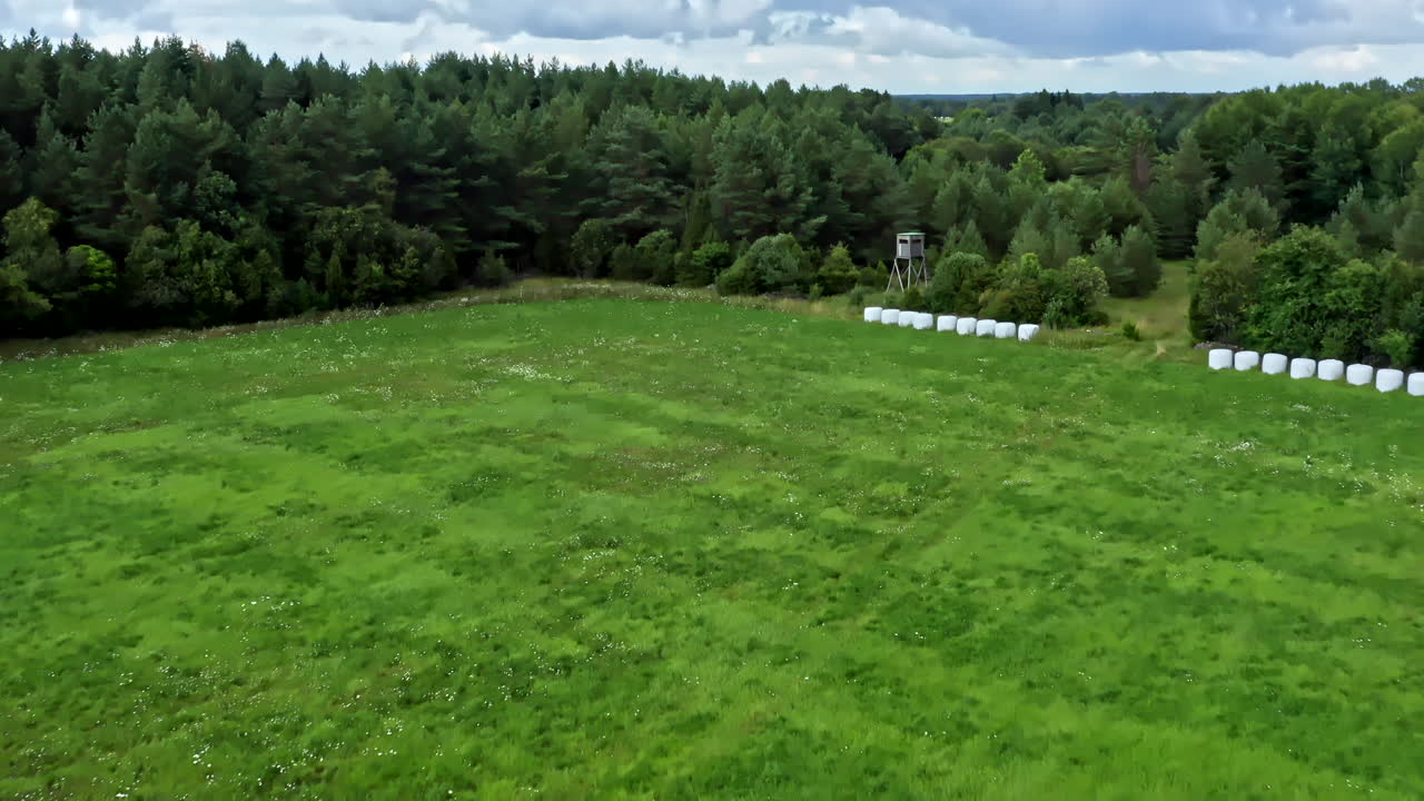 Raised Blind Hunting Tower For Deer Hunting on Field in Estonia - Backwards Dolly Shot
