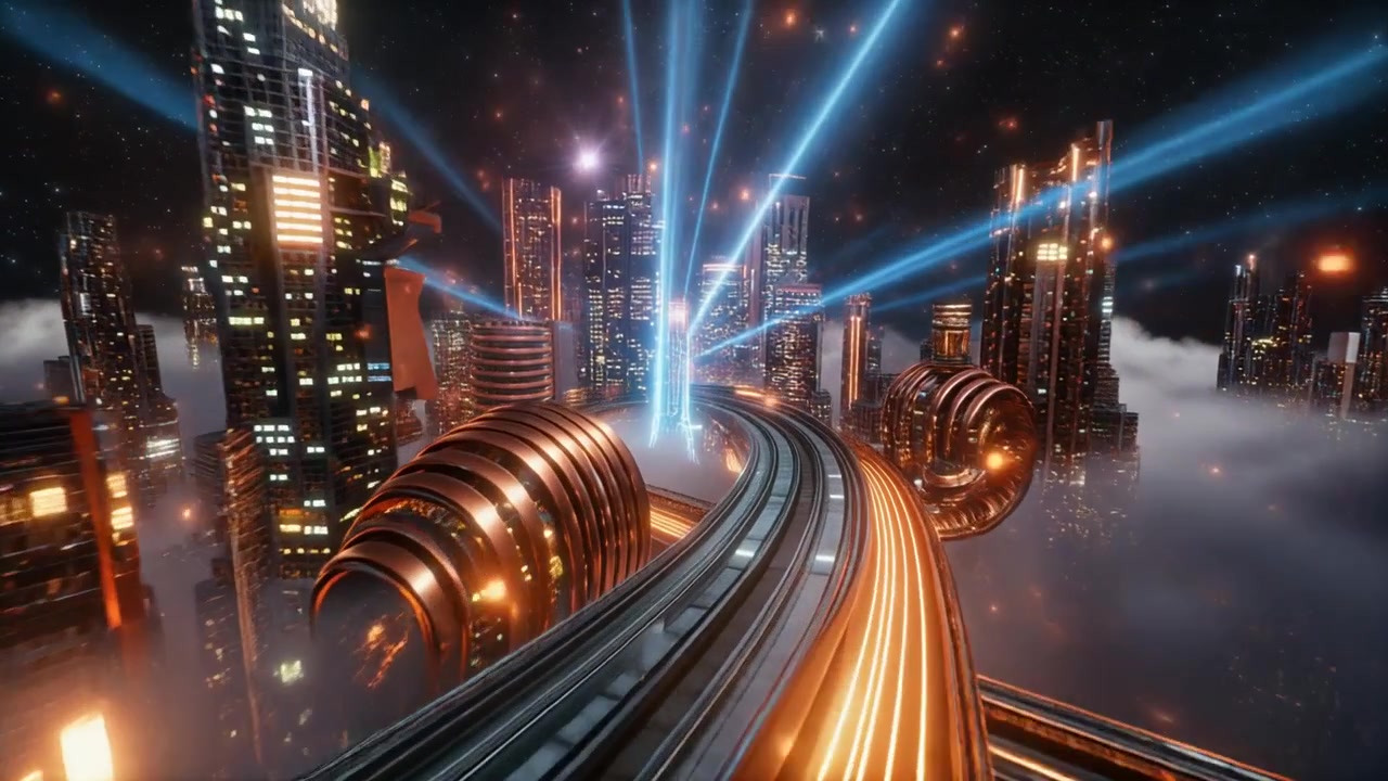 Futuristic Cityscape with Floating Skyscrapers and Glowing Transit Rails