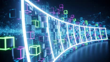 an immersive digital landscape featuring curved neon lights and vibrant cubes representing advanced data visualization in a futuristic environment