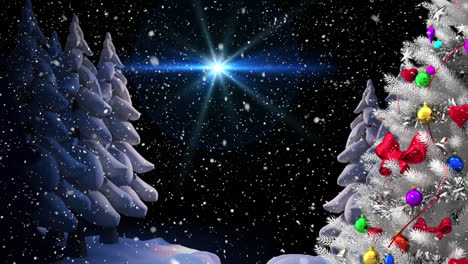 Animación-De-Estrellas,-árboles-De-Navidad-Y-Nieve-Cayendo-En-El-Paisaje-Invernal.