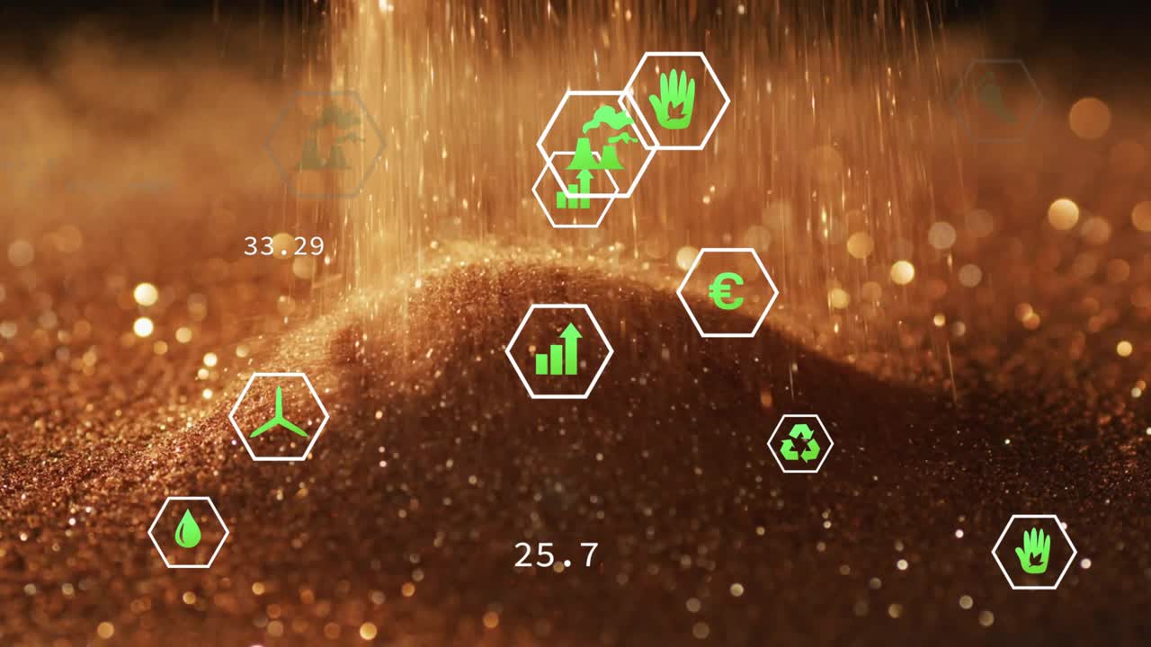 Granules pouring from above, icons appearing and metrics updating showing sustainability