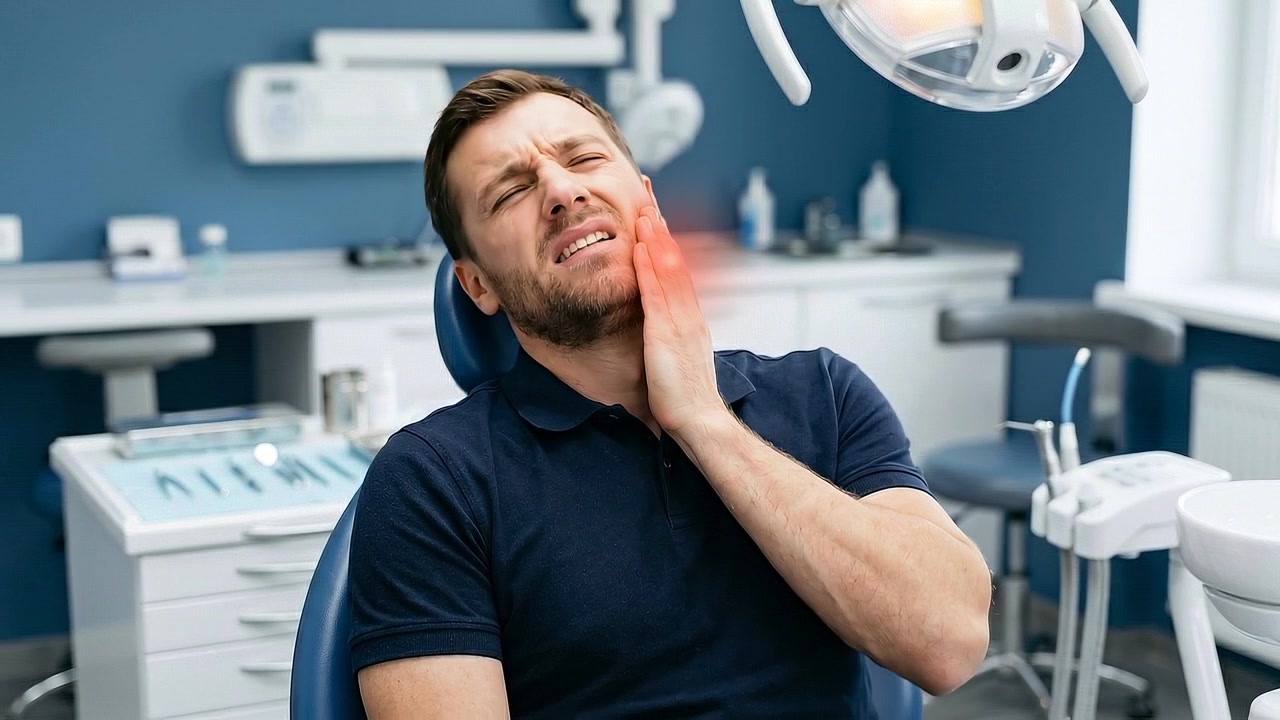 Man holding painful cheek and jaw inside modern medical clinic in medical view
