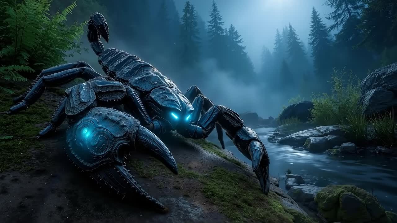 Uno scorpione gigante seduto sulla cima di una roccia in mezzo a una foresta