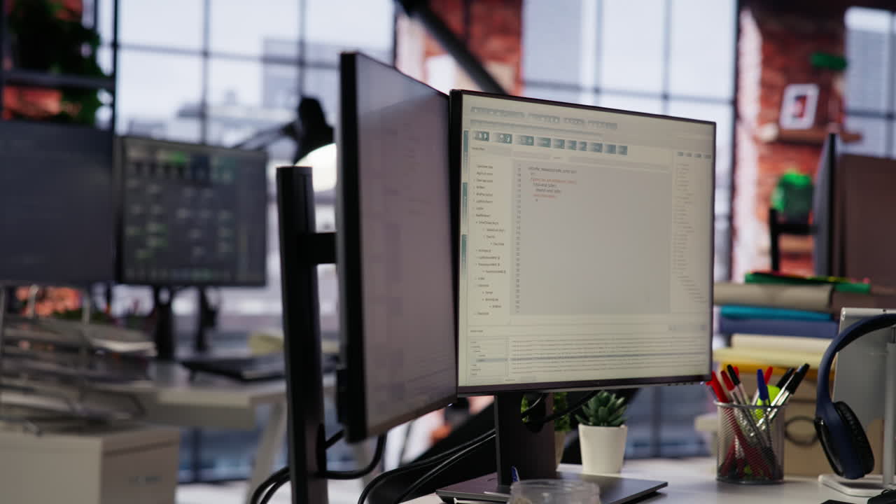 코드 리뷰를 수행하는 데 사용되는 pc와 함께 기술 유니콘 벤처 작업 공간