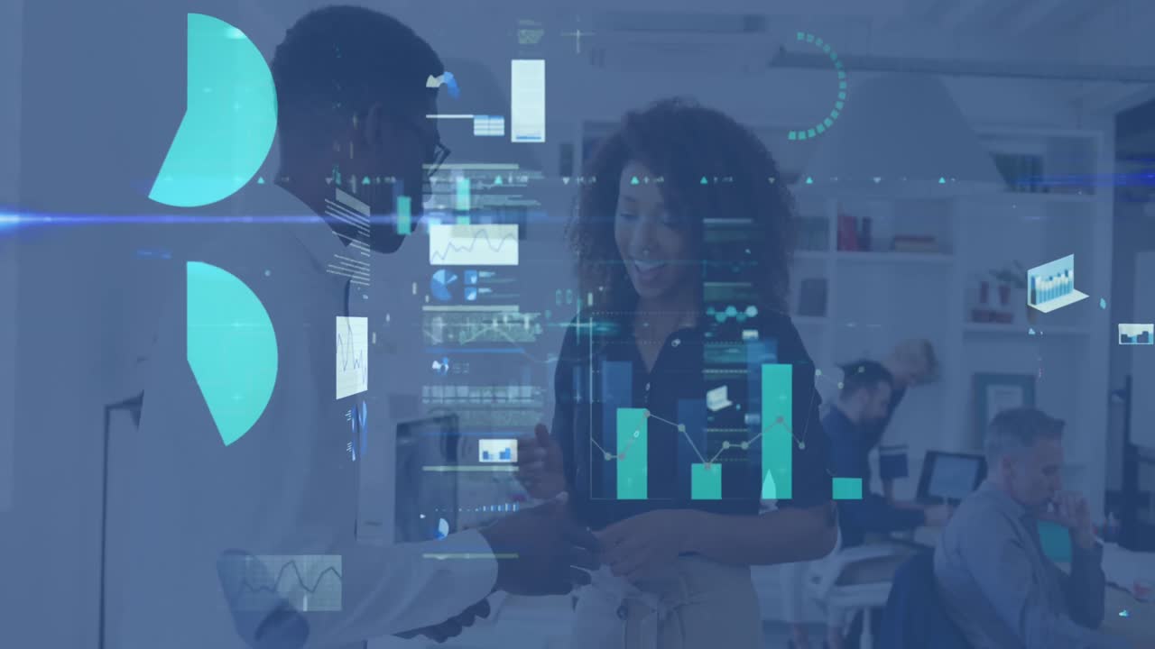 Animation of financial data processing over diverse business people working at office