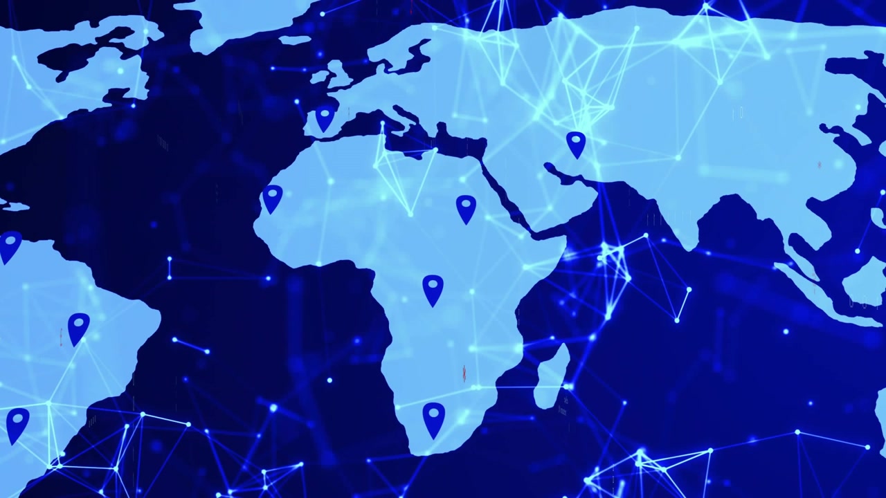 Blue glow sweeping and starting map resolving, pins popping, lines pulsing showing global data flow