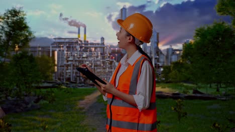 side view of asian female engineer with safety helmet taking note on the tablet and looking around while standing in front of oil refinery