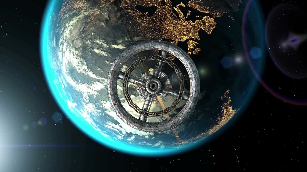 Fly into space station. Earth and Sun on the background, 3d animation, green screen. Texture of Earth was created in graphic editor without photos. The pattern of city lights furnished by NASA.