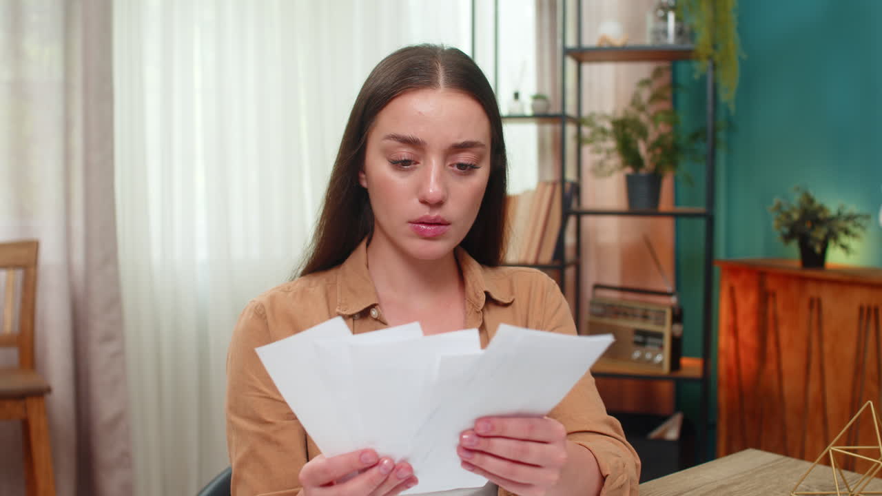 Young woman shocked by huge utility bill raises eyebrows then throws papers onto desk in disbelief