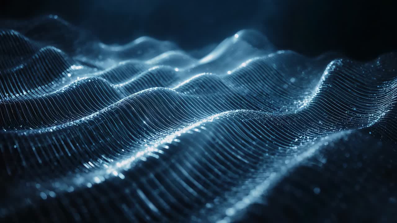 Moving camera bringing lit wire mesh into sharper focus while mesh rippling in dark studio, sparks