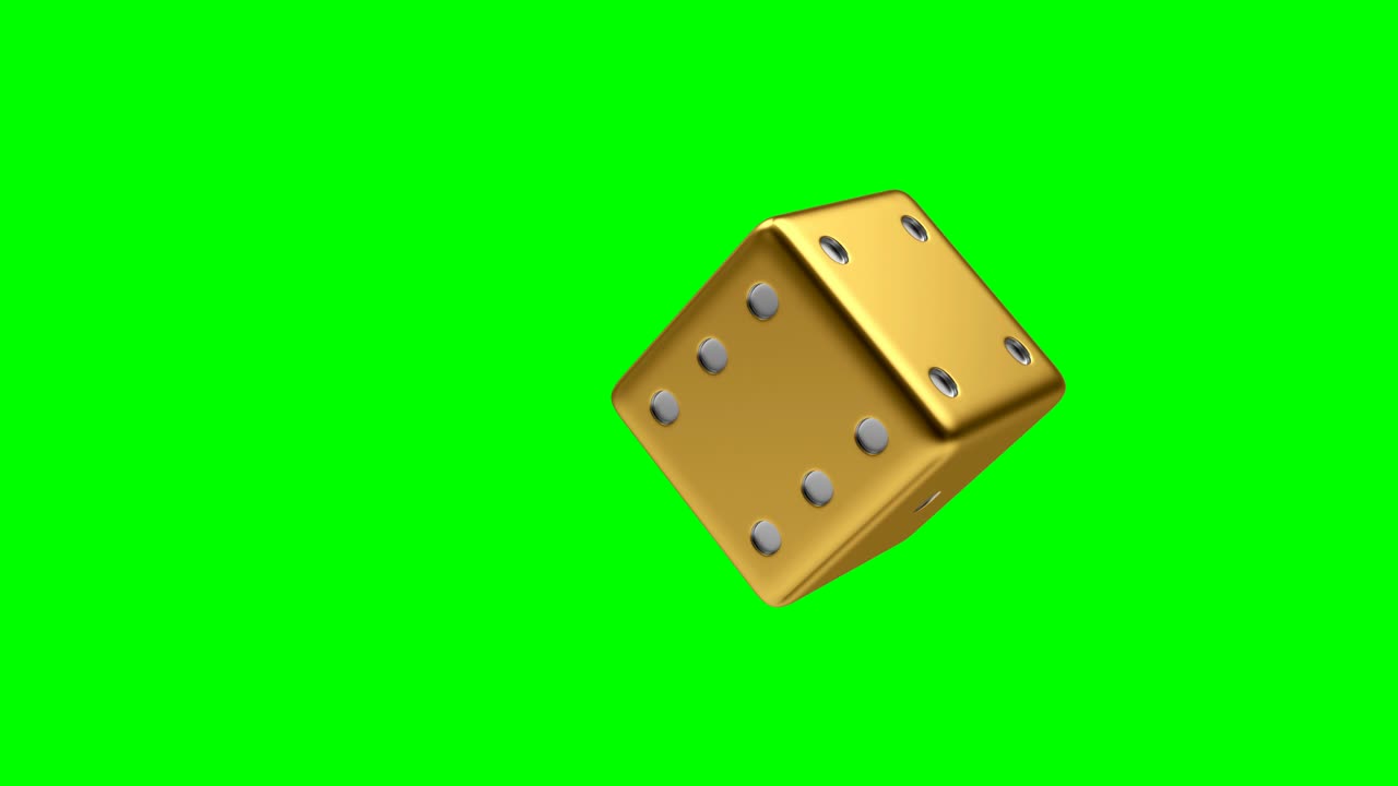 3D-animation af roterende gyldne terninger på en grøn skærm. 4K.