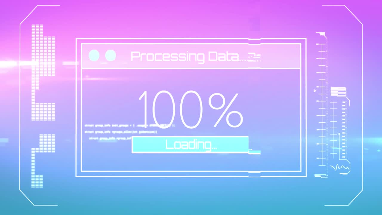 Animation of data processing over screen on pink to blue background