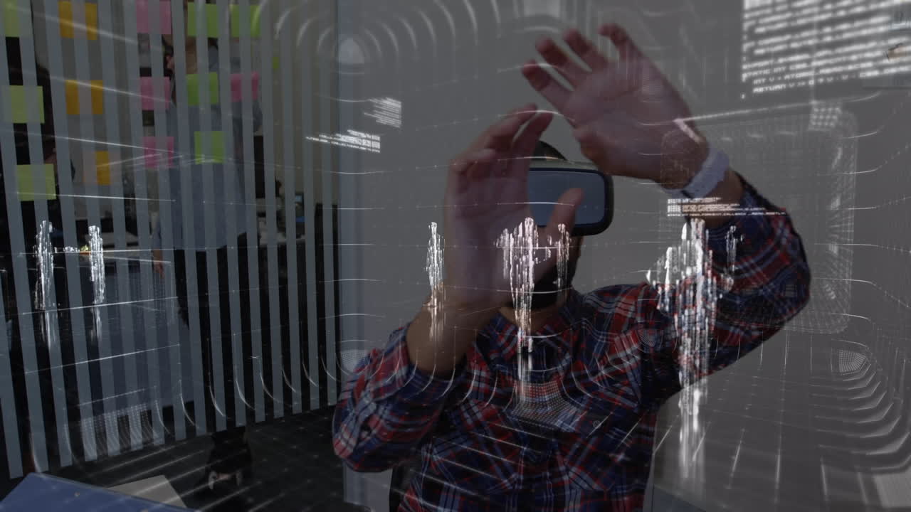 animación del procesamiento de datos financieros sobre el hombre de negocios usando auriculares vr