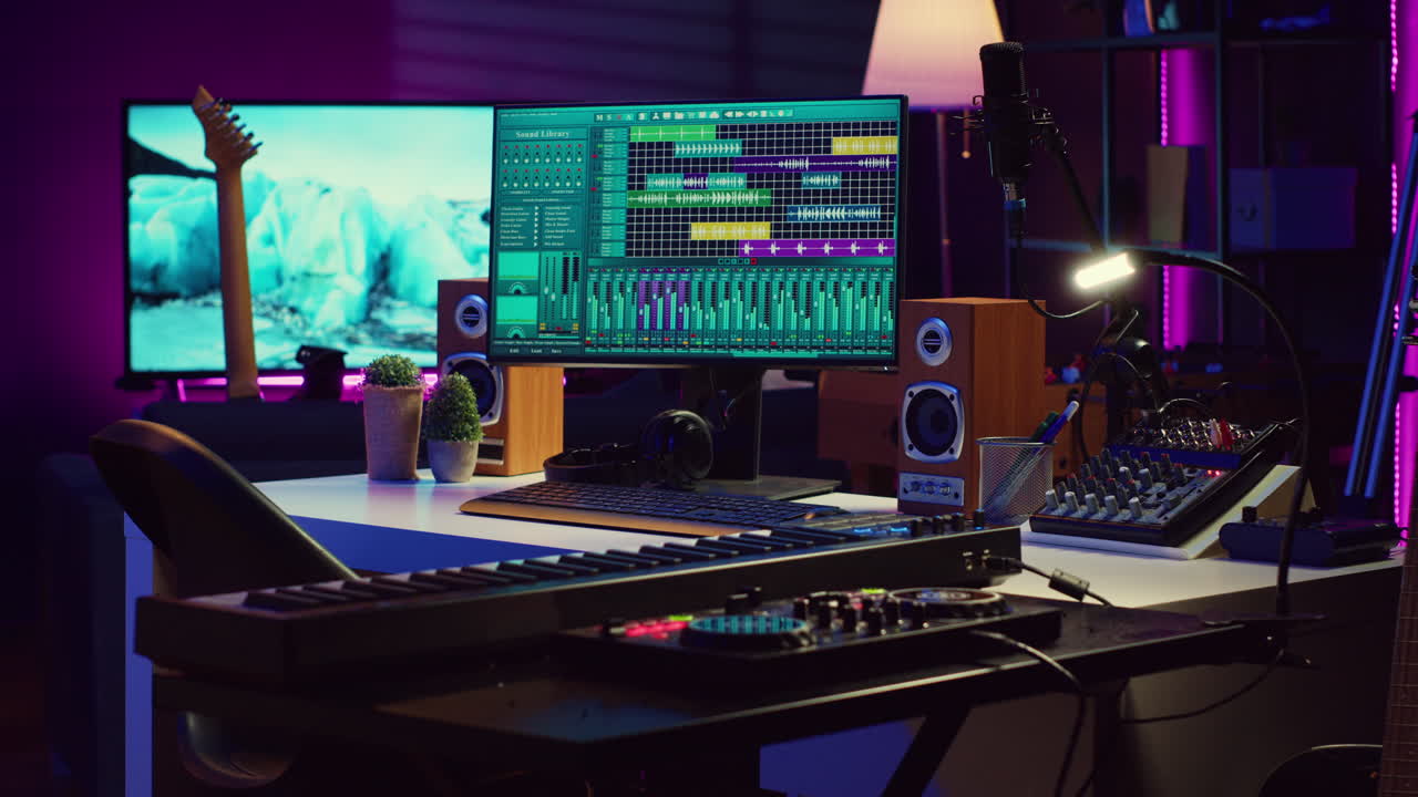 estudio vacío en el hogar equipado con panel de mesa de sonido de mezcla