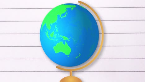 animation of globe spinning on stand against white lined paper